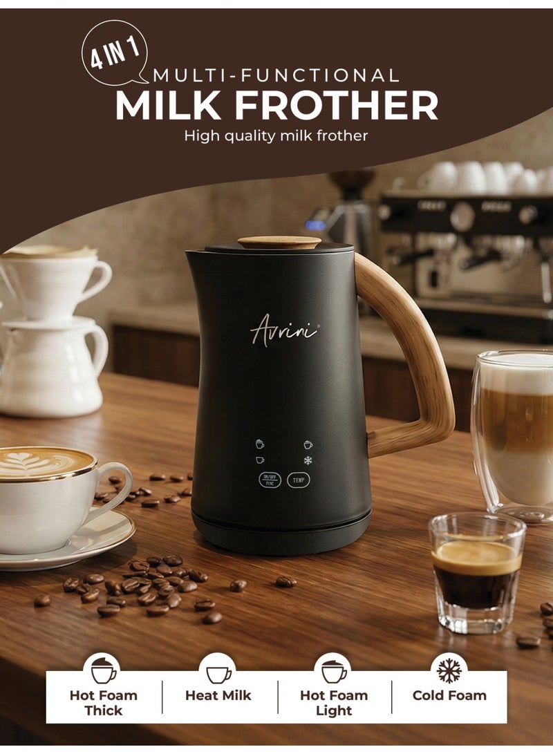 افريني جهاز أفْريني 4 في 1 لتسخين وتبخير الحليب الكهربائي، مزوّد بمقبض خشبي وشاشة LCD، مصنوع من الفولاذ المقاوم للصدأ، جهاز أوتوماتيكي لصنع الرغوة الساخنة والباردة وتسخين الحليب للاتيه والكابتشينو والماكياتو، 500 واط، باللون الأسود - Image 2